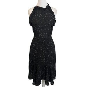 Black Polka Dot Halter Midi Dress Ruffle Trim Sleeveless Party‎ Cocktail